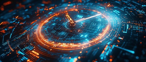 Future-looking timepiece visage with digital data all around it is counting down.
