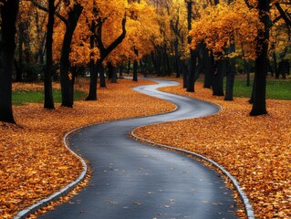 A winding path through a park, lined with trees shedding autumn leaves