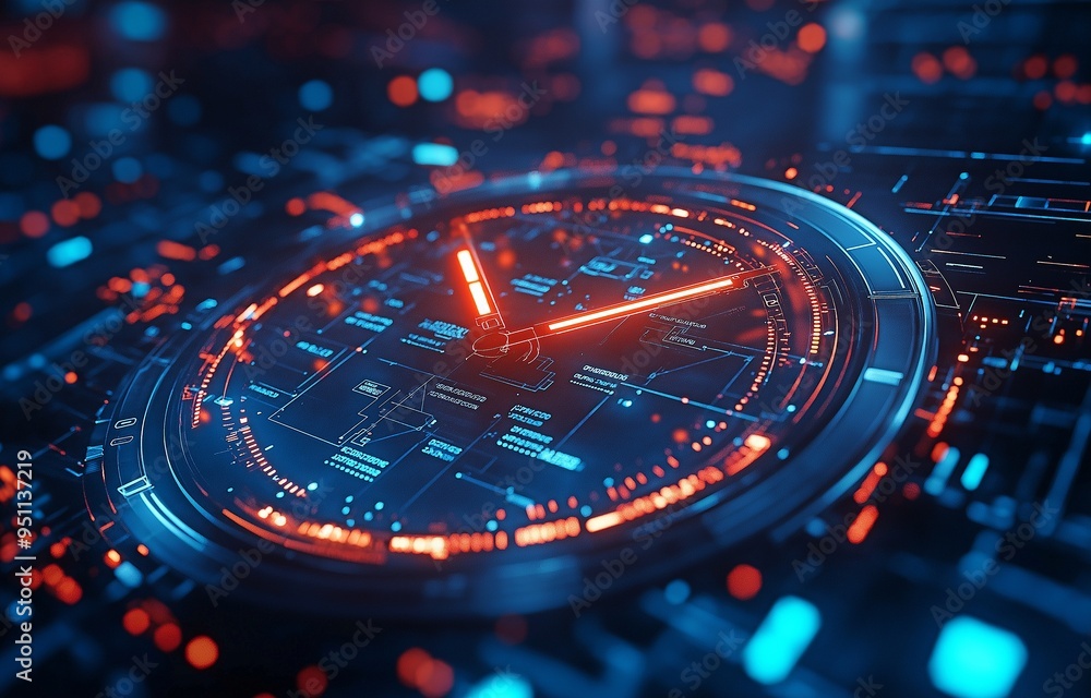Wall mural future-looking timepiece visage with digital data all around it is counting down.