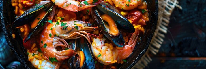 Seafood paella served in a cast iron skillet
