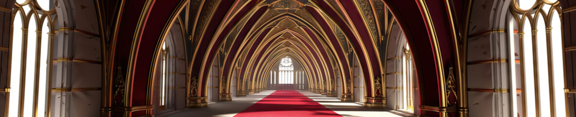 Obraz premium An ornate gothic archway, its rich maroon and gold detailing, framing a vibrant red carpet leading to the altar.