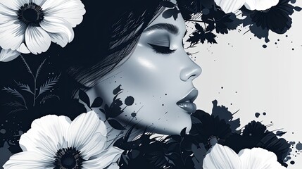 Fototapeta premium Black and white brush strokes ink wash flowers and female faces seamless pattern. Abstract monochrome floral modern fashion background. Minimalist botanical wallpaper