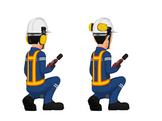 Two industrial workers are  measuring sound level  on white background