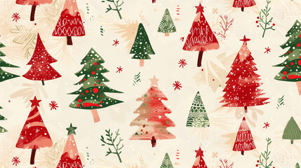 Hand-drawn Christmas trees in red and green on beige background with festive decorations