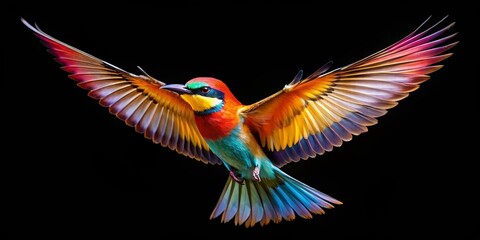 Obraz premium Colorful bird in flight with outstretched wings against a black backdrop