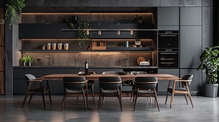 Minimalist Modern Kitchen with Sleek Black Cabinets and Warm Wooden Table