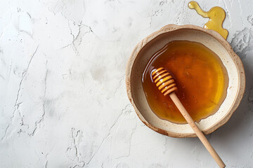 Top view of honey in a bowl with the honey dipper. Generative AI