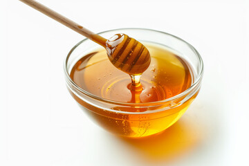 A bowl of honey with the honey dipper on white background. Generative AI