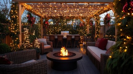 Cozy Outdoor Retreat with Festive Lights and Firepit