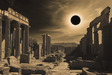 Fototapeta premium Solar Eclipse Over Ancient Ruins: A Celestial Phenomenon