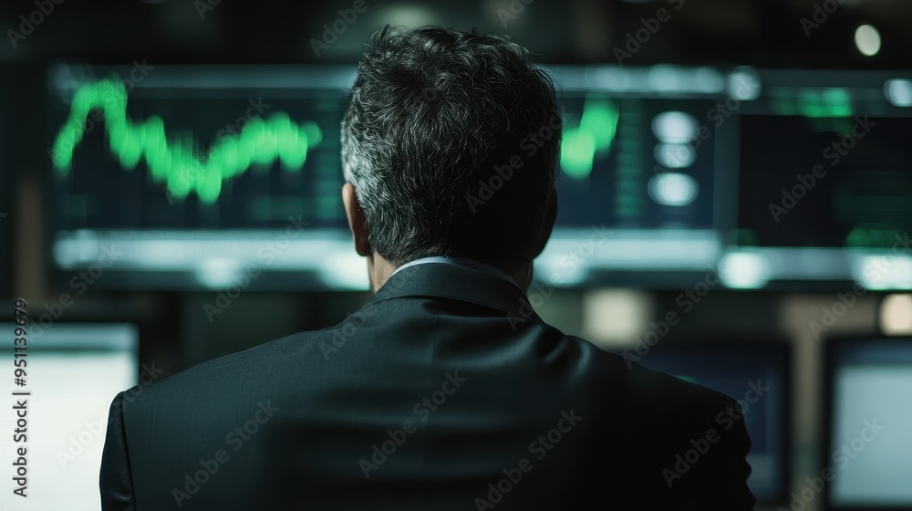 Poster investor analyzing stock market data on multiple computer screens