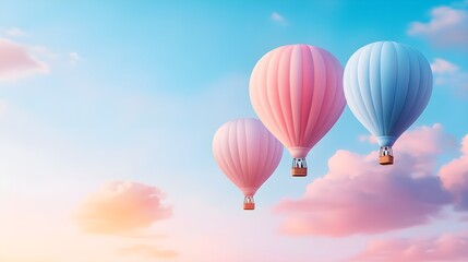 Fototapeta premium Whimsical hot air balloons in a pastel sky, double exposure effect blending delicate clouds and soft light, creating a dreamy atmosphere