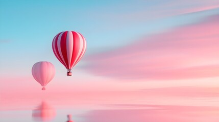 Obraz premium Serene hot air balloons in pastel skies, with double exposure blending in faint reflections of water, creating a calm, reflective mood