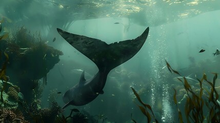 Fototapeta premium Underwater view of Megalodons massive tail fin propelling through primordial sea scene set against backdrop of ancient coral reefs and seaweed capturing the grandeur and power of this extinct predator