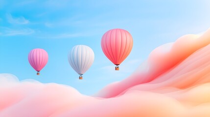 Fototapeta premium Surreal scene with hot air balloons in pastel hues, merged with flowing wisps of clouds through double exposure, a touch of whimsy in the sky