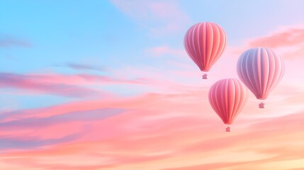 Fototapeta premium Whimsical hot air balloons in a pastel sky, double exposure effect blending delicate clouds and soft light, creating a dreamy atmosphere