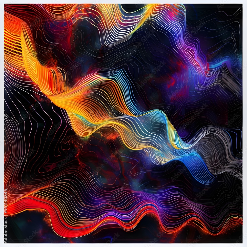 Poster a vibrant and dynamic abstract digital artwork featuring colorful wavy lines, creating a sense of mo