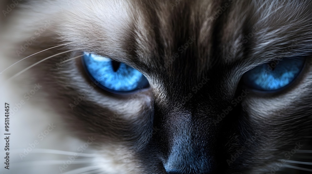 Poster closeup portrait capturing the serene and gentle expression of a ragdoll cat with its deep mesmerizi