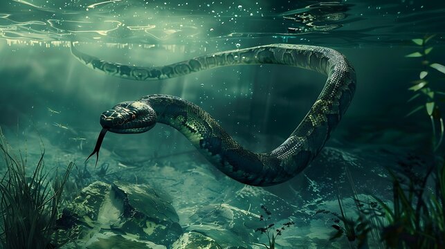 Underwater view of Titanoboa swimming gracefully through a prehistoric lake its body moving with fluid elegance The scene is both serene and ominous highlighting the snake's versatility as a predator