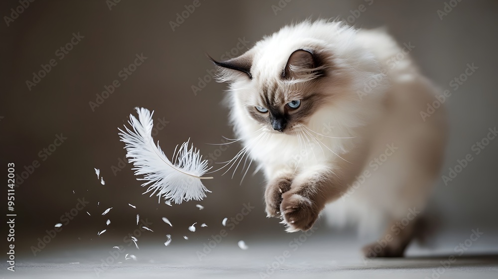 Poster closeup portrait of a ragdoll cat happily playing with a feather toy its soft and fluffy fur flowing