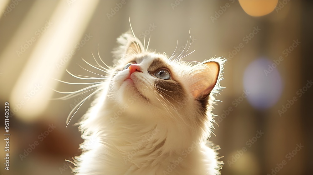 Poster captivating portrait of a ragdoll cat looking up with curious expression its soft slightly ruffled c