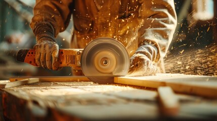 Close Up of Worker Using an Angle Grinder to Cut Wood