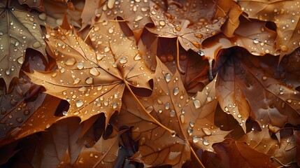 Dried fallen maple leaves covered with water drops.