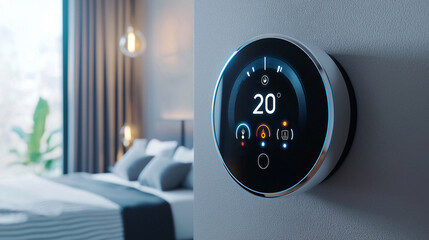 Home smart temperature innovation technology. Modern thermostat hanging on room's wall