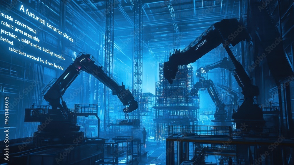 Poster futuristic factory automation: robotic arms in a high-tech industrial setting
