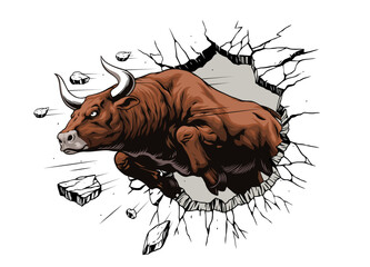 Illustration of Angry Bull Ramming A Wall