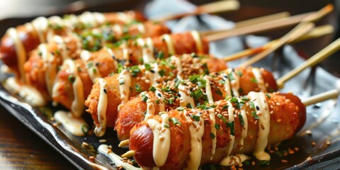Deep-fried corn dogs featuring rice cakes, fish cakes, or mozzarella, often coated in batter and topped with panko breadcrumbs or ramen noodles.