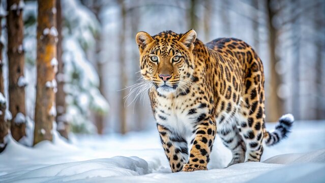 Majestic Amur leopard prowling in snow-covered forest, Amur leopard, golden fur, black rosettes, Russia, China