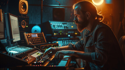 Music Composer Working Late Night in Dimly Lit Studio