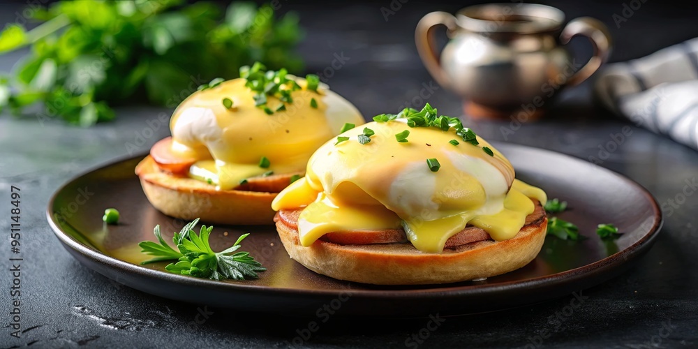 Wall mural Eggs Benedict on a black plate with hollandaise sauce