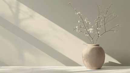 Soft Natural Light in a Minimalist Interior: Simple Clay Vase with Delicate White Branches Against a Serene Background