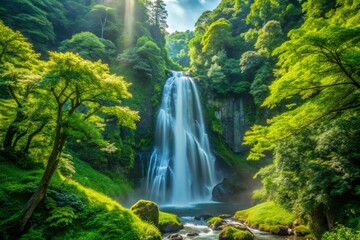 Fototapeta premium Nachi Falls in June surrounded by a tapestry of emerald foliage, with dappled sunlight filtering through the trees and highlighting the turbulent water's white foam.