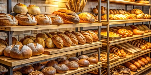 Freshly baked bread displayed at a bakery, bread, baked goods, bakery, display, assortment, pastries, artisan, delicious
