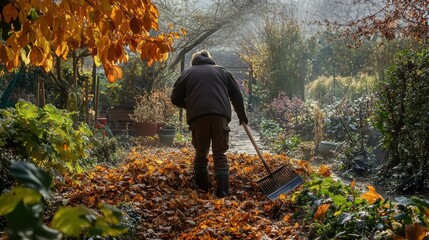Autumn Gardener Tending to Fallen Leaves in Vibrant Garden