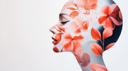 Artistic double exposure of a woman's face with floral patterns, pop art aesthetic, intense and bright color palette, high contrast