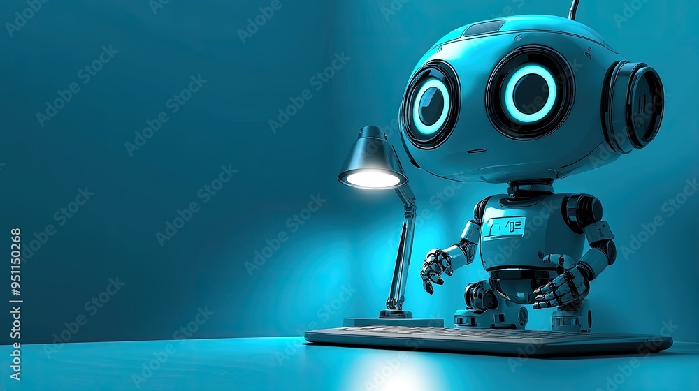 Poster ai-powered personal assistant robot, humanoid with a friendly interface, sitting on a desk, illumina