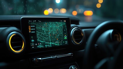 AI-powered navigation system, holographic map with real-time updates, in a car dashboard, illuminated by interior lights