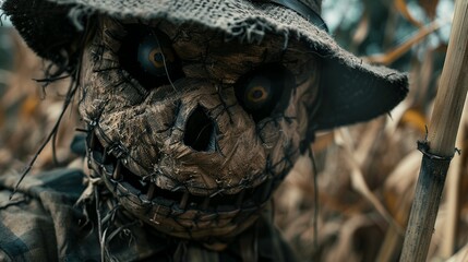 Obraz premium Disturbing Scarecrow with a Sinister Face: A Spooky and Frightening Character