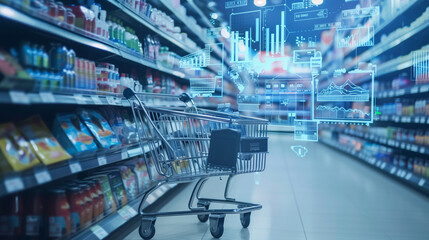 Shopping cart in a grocery aisle with digital data overlays, representing smart retail technology
