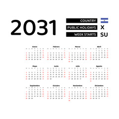 Calendar 2031 Spanish language with El Salvador public holidays. Week starts from Sunday. Graphic design vector illustration.