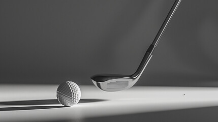 Close-up of a golf ball balanced on a club in a minimalist, monochrome setting