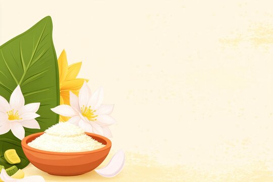 Onam food with sadhya rice on beige background. Traditional food onasadya. Happy Onam, harvest festival. Indian religious concept. Template with copy space for banner, poster, greeting card