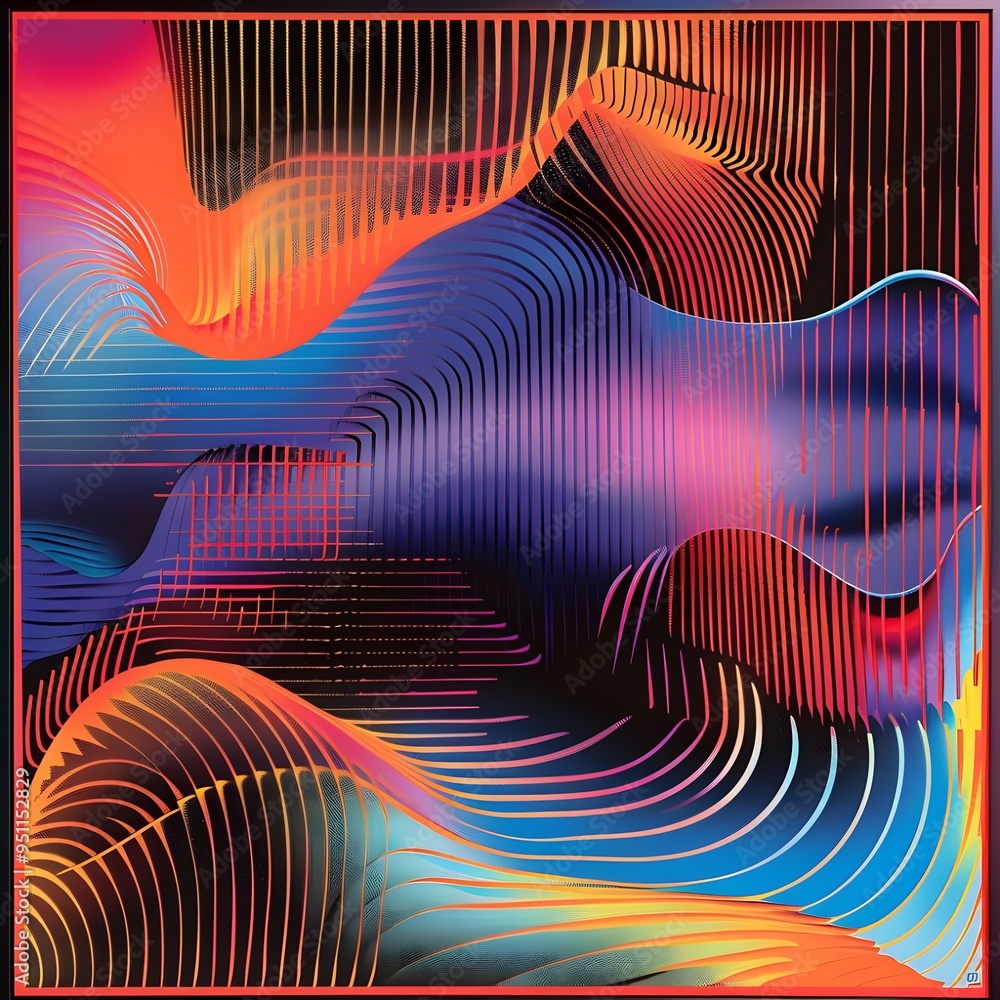 Poster a vibrant abstract digital artwork featuring colorful waves and lines, with dynamic movement and a f