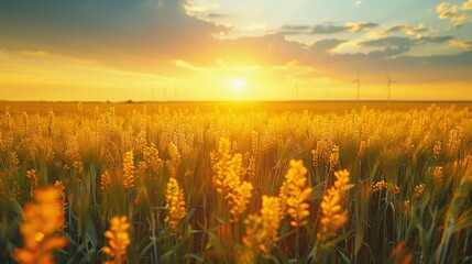 Serene wheat field at sunset with wind turbines, countryside beauty and sustainable energy