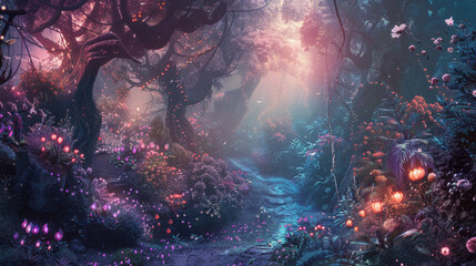 Magic fantasy world Ethereal Light and Colorful Flora