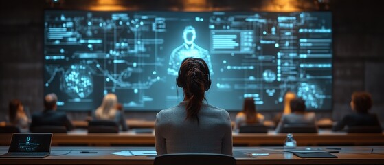 Digital business training session with an instructor at a holographic display